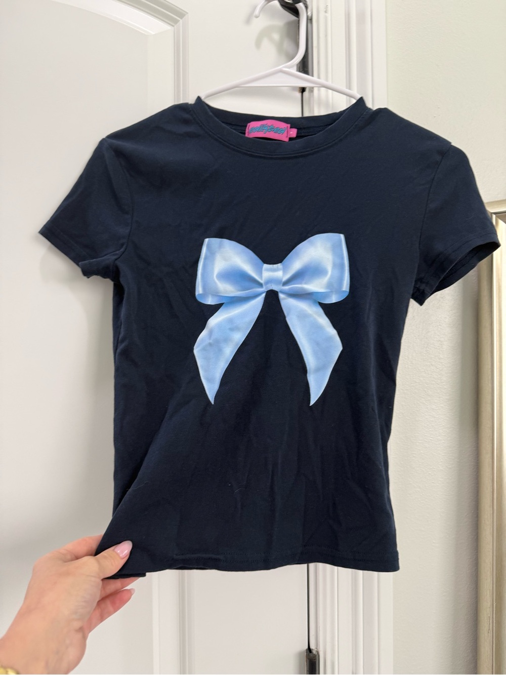 Edikted Girls Navy Short Sleeve Tee with Light Blue Bow